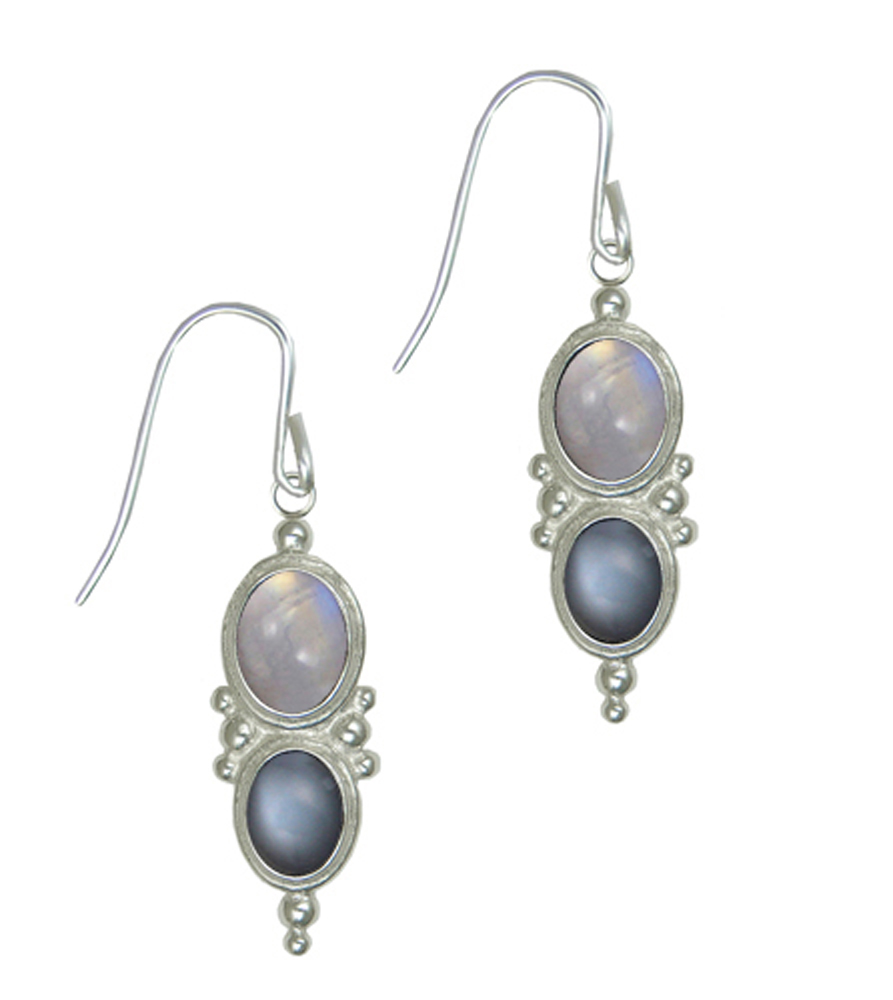 Sterling Silver Drop Dangle Earrings With Rainbow Moonstone And Grey Moonstones